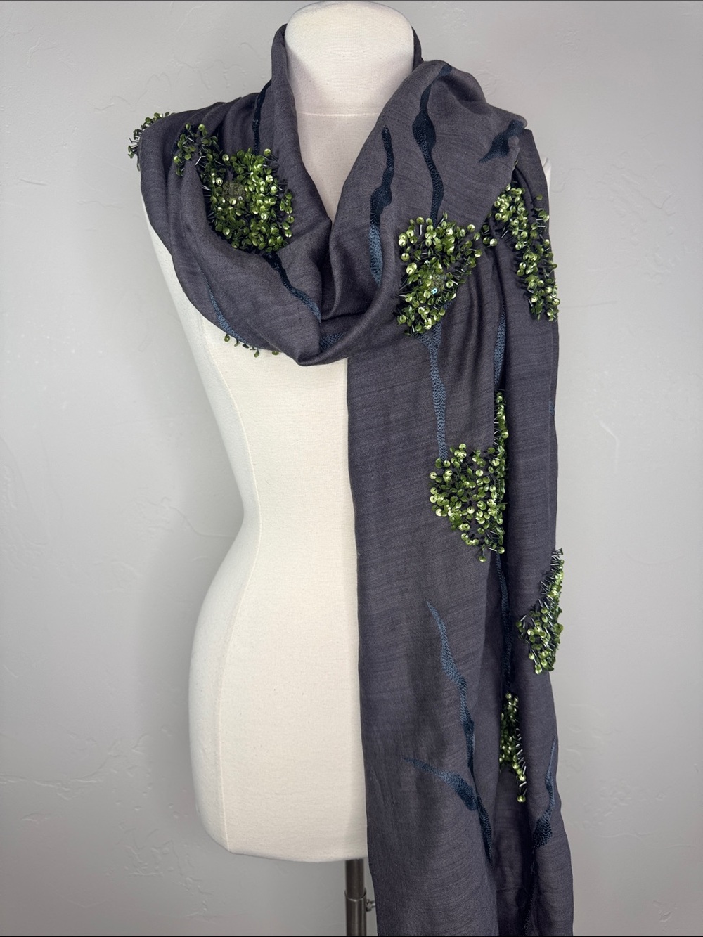 Bayaa Scarf with 3D Apple Green Floral Accents and Stitched Vines Wearable Art